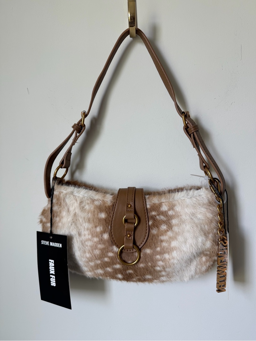 Steve Madden Brown and Cream Fawn spotted Faux Fur buckle Shoulder Bag